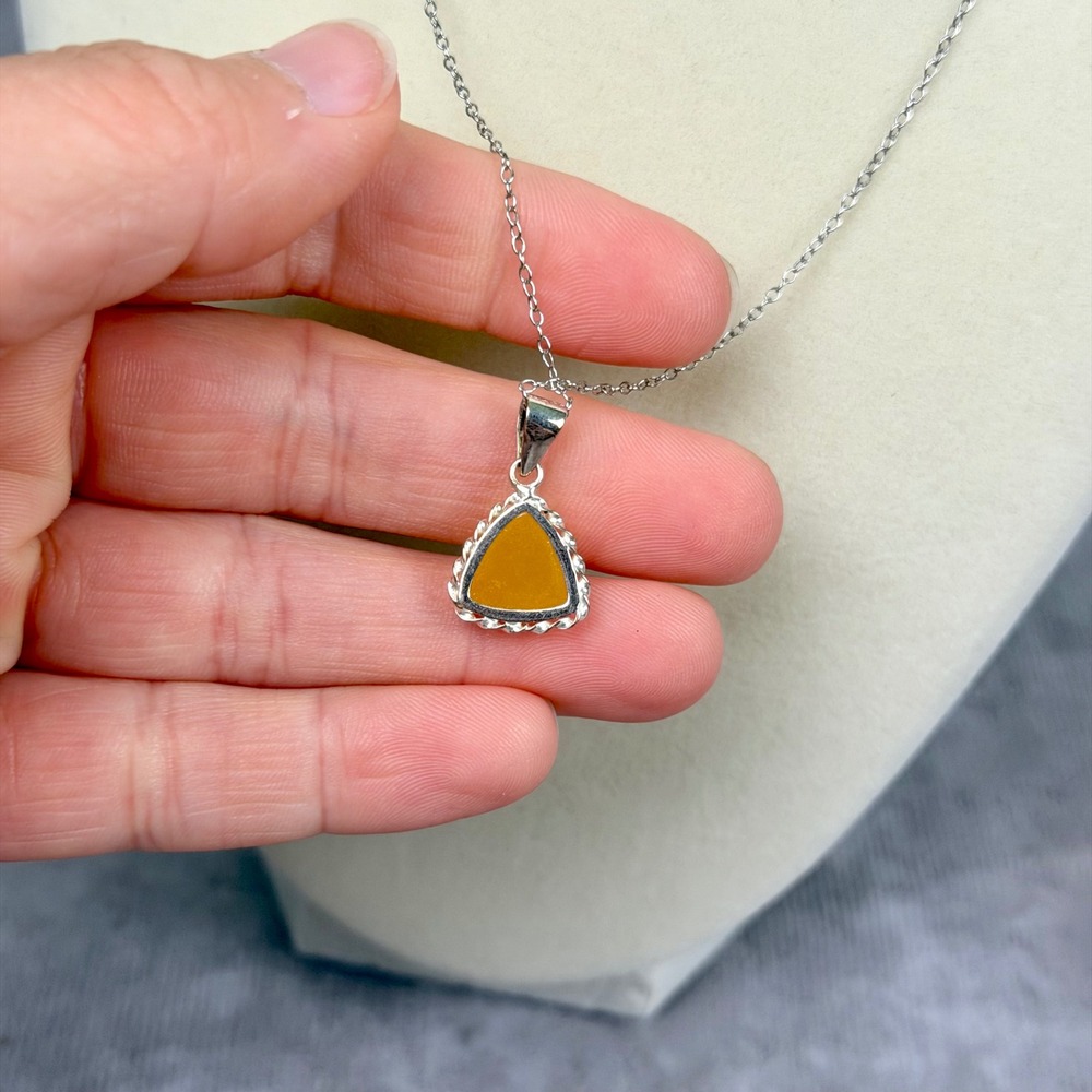Yellow Jade Triangle Pendant Necklace and Stud Earrings Set Sterling Silver 18" - Picture 5 of 11